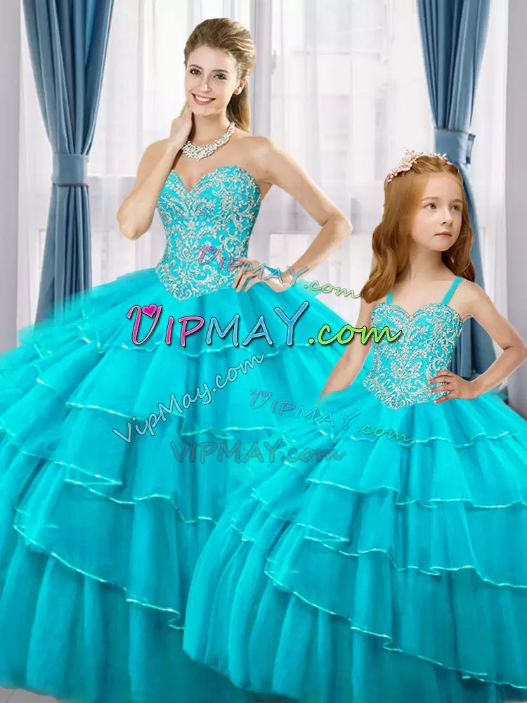 Aqua Blue Sleeveless Floor Length Beading and Ruffled Layers Lace Up Quinceanera Gowns Sweetheart