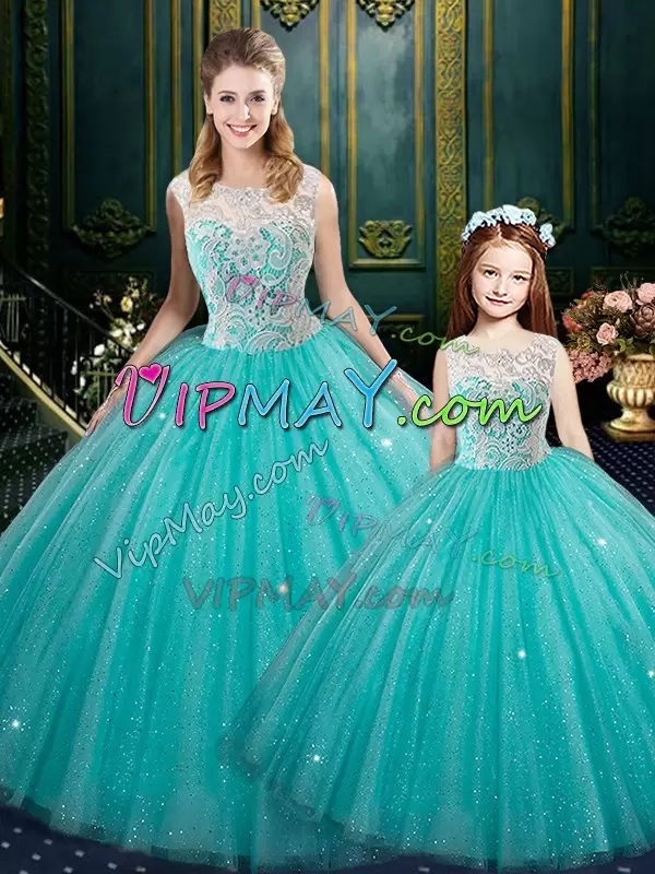 Comfortable Turquoise Sleeveless Lace Floor Length Sweet 16 Dress