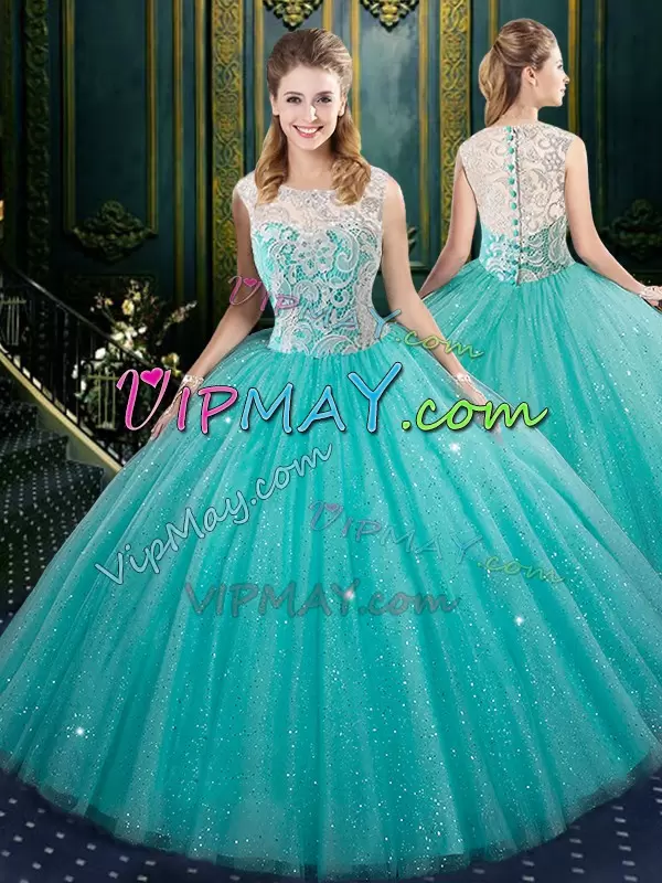 Comfortable Turquoise Sleeveless Lace Floor Length Sweet 16 Dress