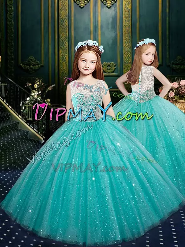 Comfortable Turquoise Sleeveless Lace Floor Length Sweet 16 Dress