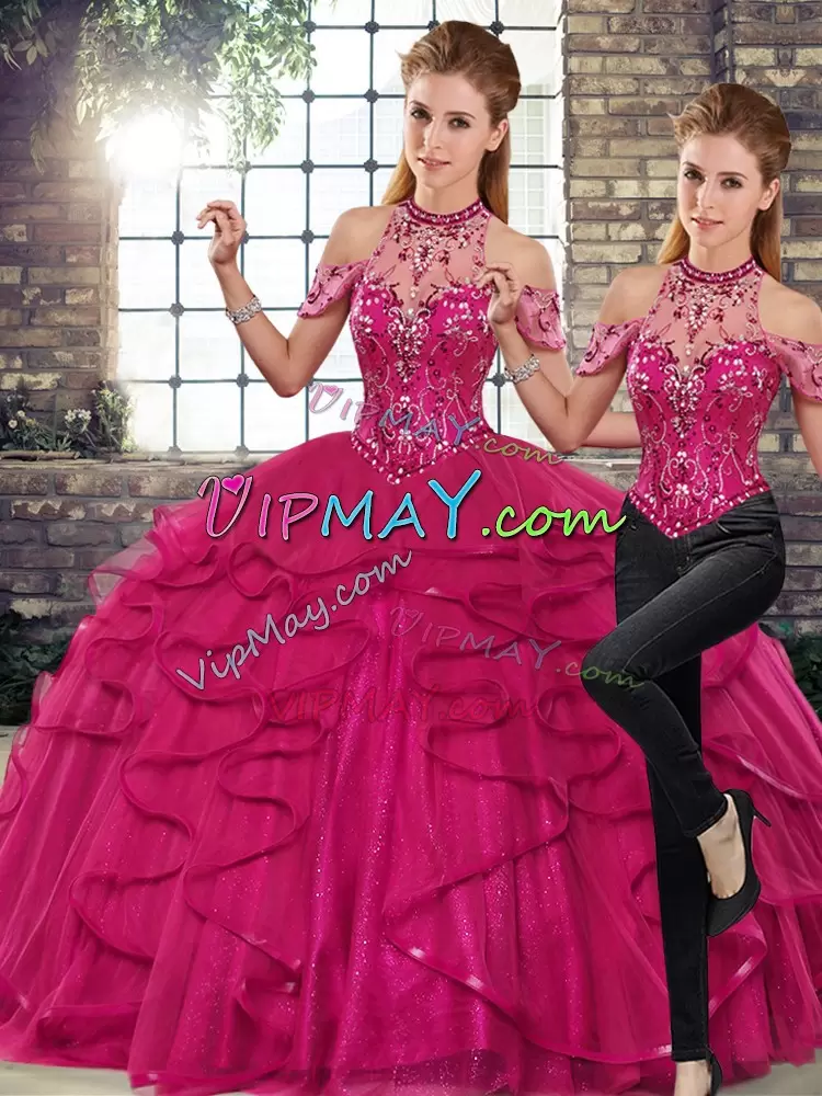 Attractive Sleeveless Floor Length Beading and Ruffles Lace Up Quinceanera Gowns with Fuchsia