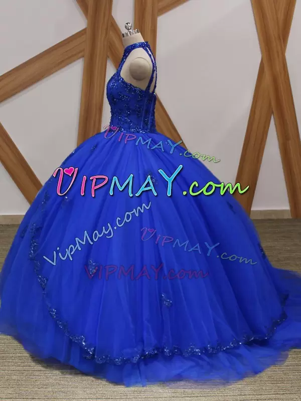 New Style Royal Blue Tulle Lace Up Halter Top Ball Gown Prom Dress Brush Train