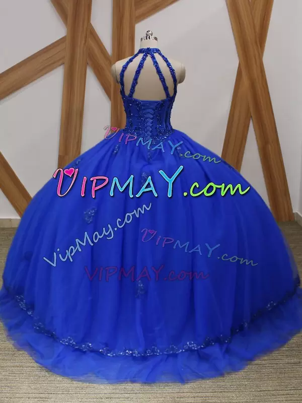 New Style Royal Blue Tulle Lace Up Halter Top Ball Gown Prom Dress Brush Train