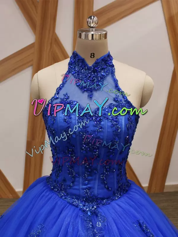 New Style Royal Blue Tulle Lace Up Halter Top Ball Gown Prom Dress Brush Train