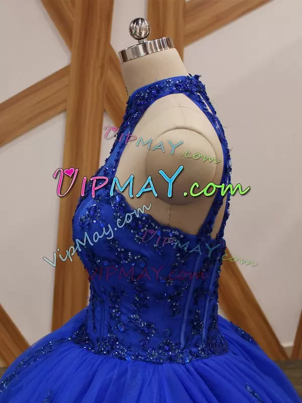 New Style Royal Blue Tulle Lace Up Halter Top Ball Gown Prom Dress Brush Train