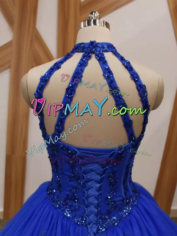 New Style Royal Blue Tulle Lace Up Halter Top Ball Gown Prom Dress Brush Train