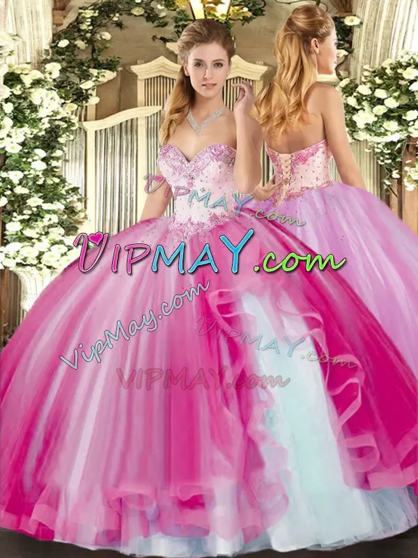 Romantic Fuchsia Ball Gowns Sweetheart Sleeveless Tulle Floor Length Lace Up Beading and Ruffles Sweet 16 Dress