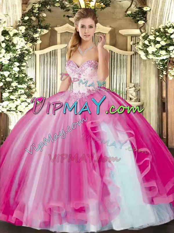 Romantic Fuchsia Ball Gowns Sweetheart Sleeveless Tulle Floor Length Lace Up Beading and Ruffles Sweet 16 Dress