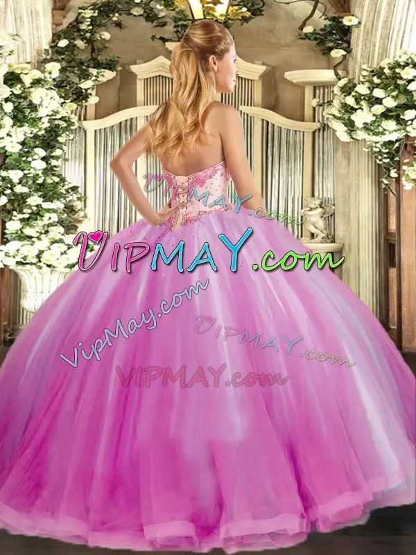 Romantic Fuchsia Ball Gowns Sweetheart Sleeveless Tulle Floor Length Lace Up Beading and Ruffles Sweet 16 Dress