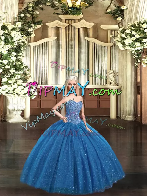 Teal Tulle Lace Up Sweetheart Sleeveless Floor Length Quinceanera Dress Beading