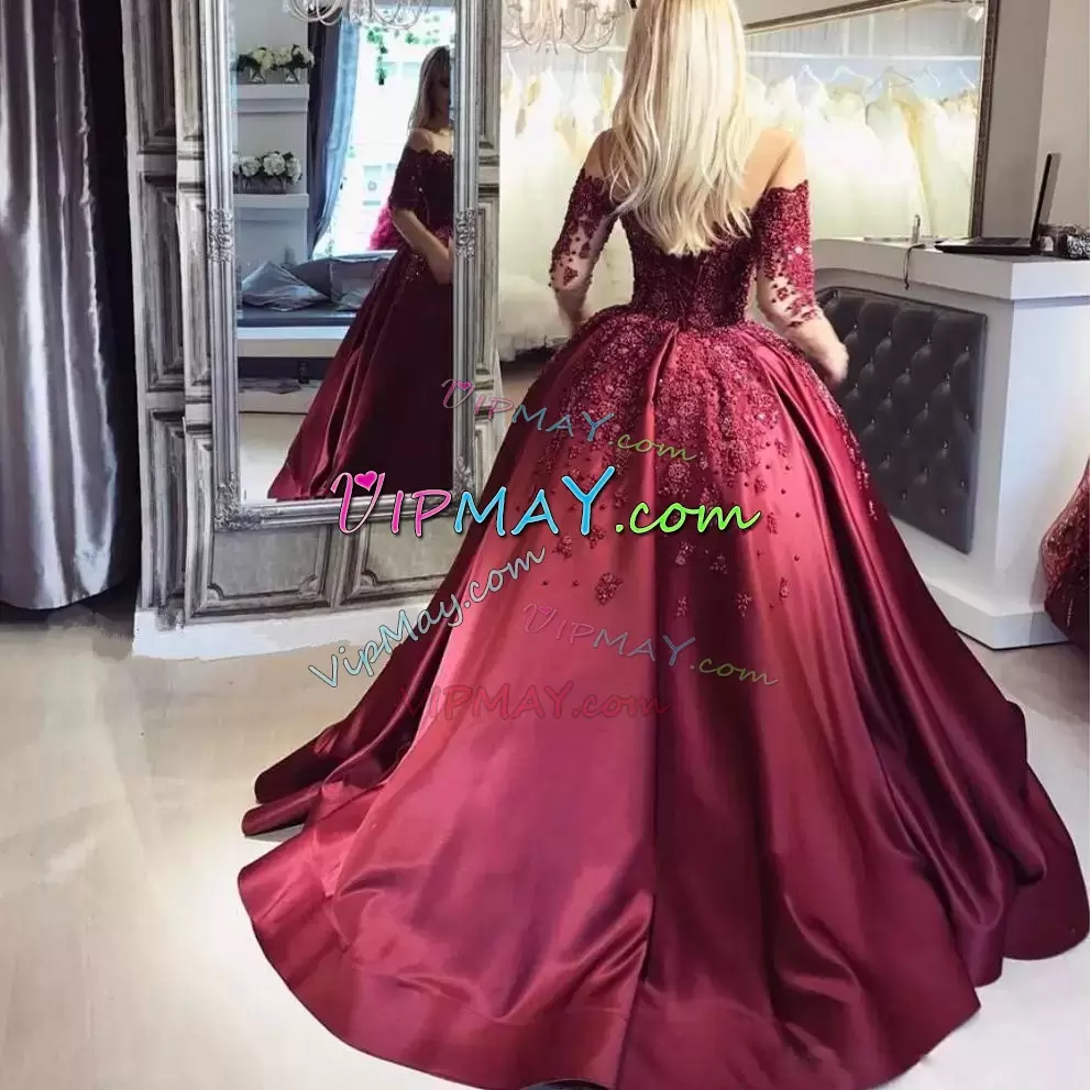 Beautiful Strapless Long Sleeves Sweep Train Lace Up Sweet 16 Dresses Burgundy Satin Beading and Appliques