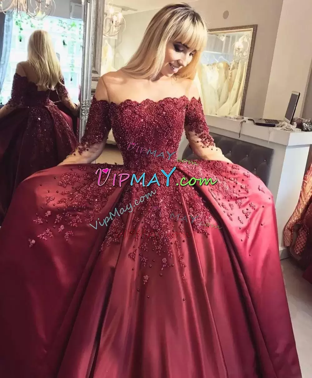 Beautiful Strapless Long Sleeves Sweep Train Lace Up Sweet 16 Dresses Burgundy Satin Beading and Appliques