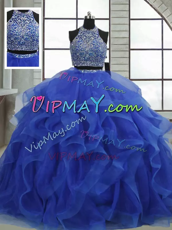 Affordable Royal Blue Sleeveless Beading and Ruffles Floor Length 15 Quinceanera Dress