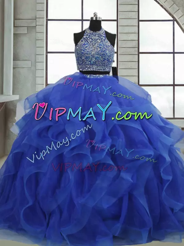 Affordable Royal Blue Sleeveless Beading and Ruffles Floor Length 15 Quinceanera Dress