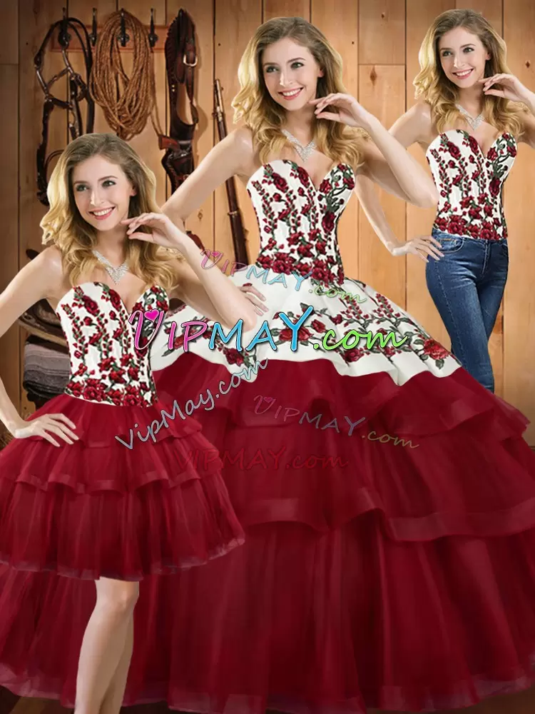 Wine Red Ball Gowns Sweetheart Sleeveless Organza Sweep Train Lace Up Embroidery Quinceanera Dresses