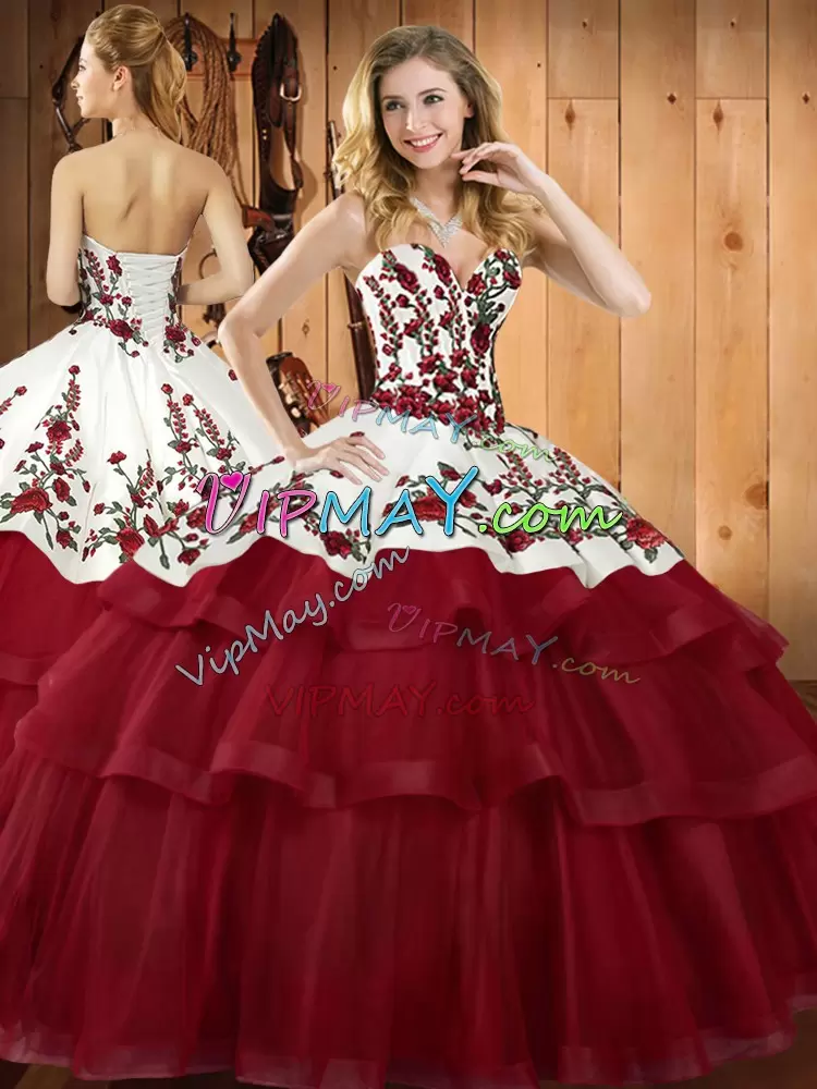 Wine Red Ball Gowns Sweetheart Sleeveless Organza Sweep Train Lace Up Embroidery Quinceanera Dresses