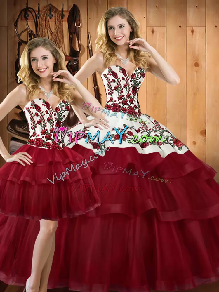 Wine Red Ball Gowns Sweetheart Sleeveless Organza Sweep Train Lace Up Embroidery Quinceanera Dresses