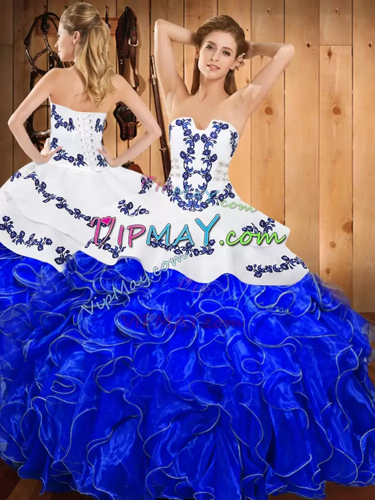 Dynamic Floor Length Lace Up Sweet 16 Quinceanera Dress Blue And White for Military Ball and Sweet 16 and Quinceanera with Embroidery and Ruffles