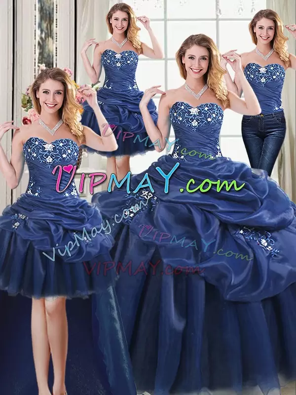 Charming Sweetheart Sleeveless Quince Ball Gowns Floor Length Appliques Navy Blue Organza