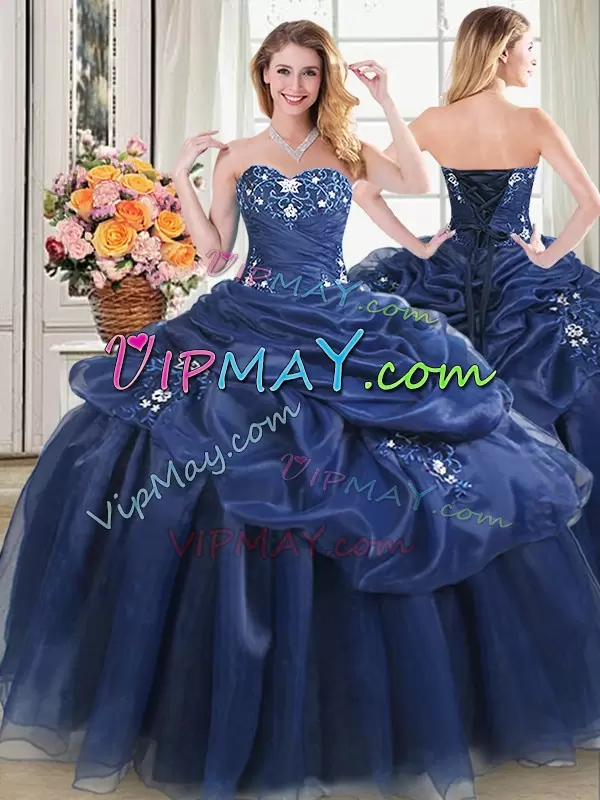 Charming Sweetheart Sleeveless Quince Ball Gowns Floor Length Appliques Navy Blue Organza