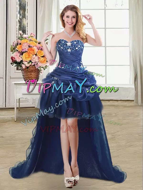 Charming Sweetheart Sleeveless Quince Ball Gowns Floor Length Appliques Navy Blue Organza