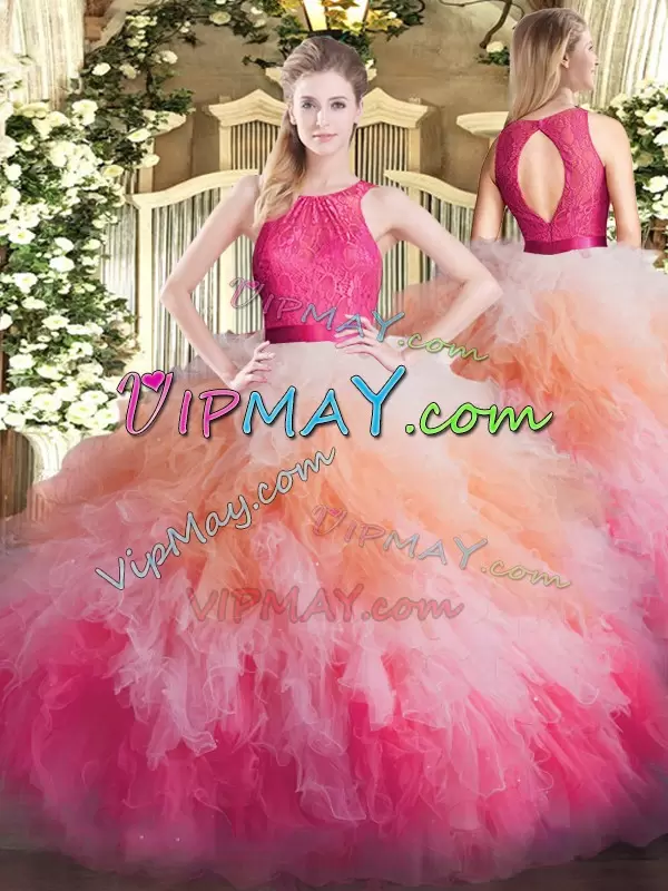 Sexy Scoop Sleeveless Zipper Ball Gown Prom Dress Multi-color Organza Lace and Ruffles