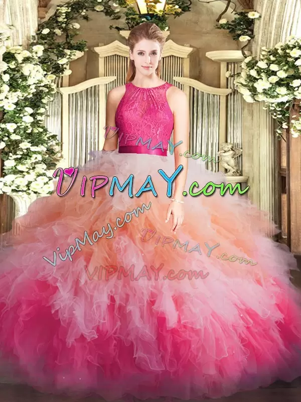 Sexy Scoop Sleeveless Zipper Ball Gown Prom Dress Multi-color Organza Lace and Ruffles