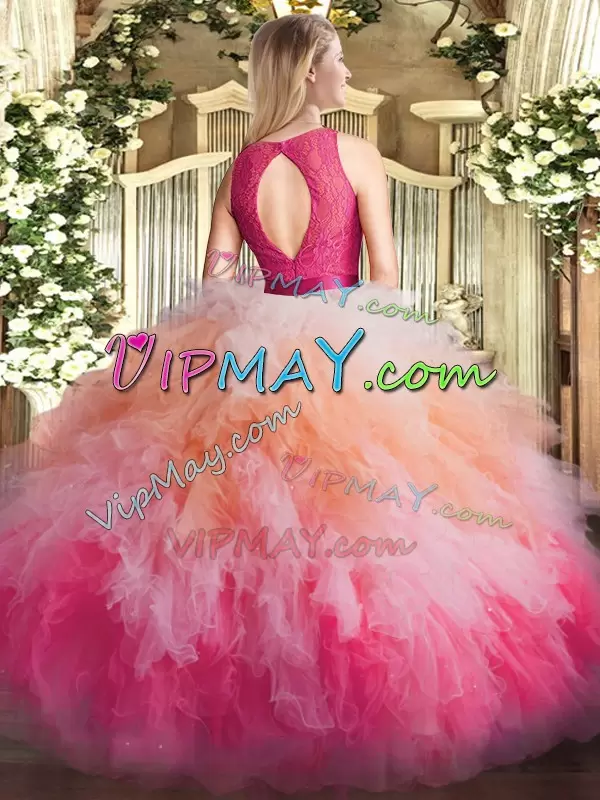 Sexy Scoop Sleeveless Zipper Ball Gown Prom Dress Multi-color Organza Lace and Ruffles