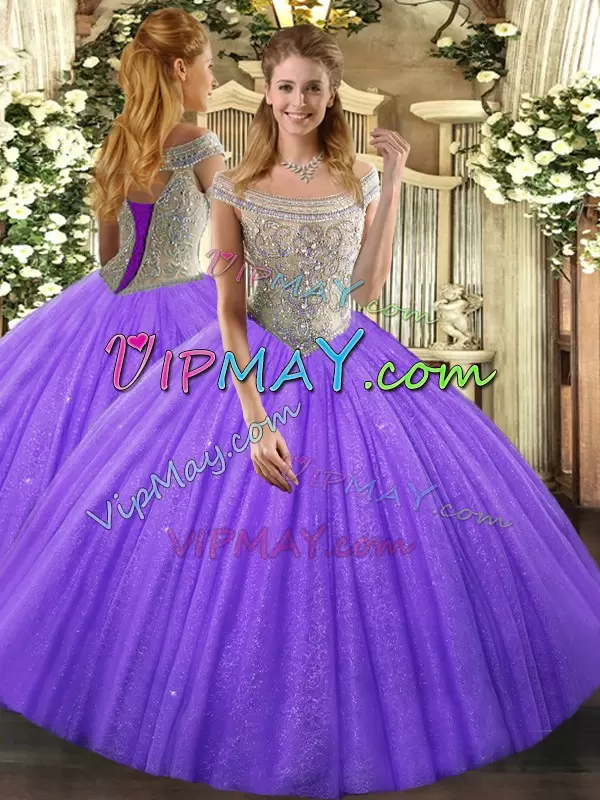 Fantastic Lavender Ball Gowns Off The Shoulder Sleeveless Tulle Floor Length Lace Up Beading Quince Ball Gowns