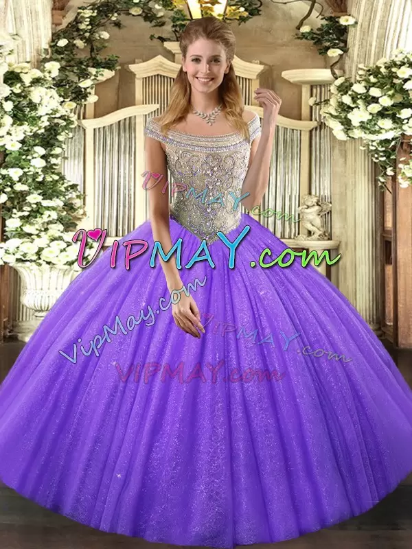 Fantastic Lavender Ball Gowns Off The Shoulder Sleeveless Tulle Floor Length Lace Up Beading Quince Ball Gowns