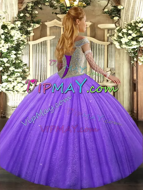 Fantastic Lavender Ball Gowns Off The Shoulder Sleeveless Tulle Floor Length Lace Up Beading Quince Ball Gowns