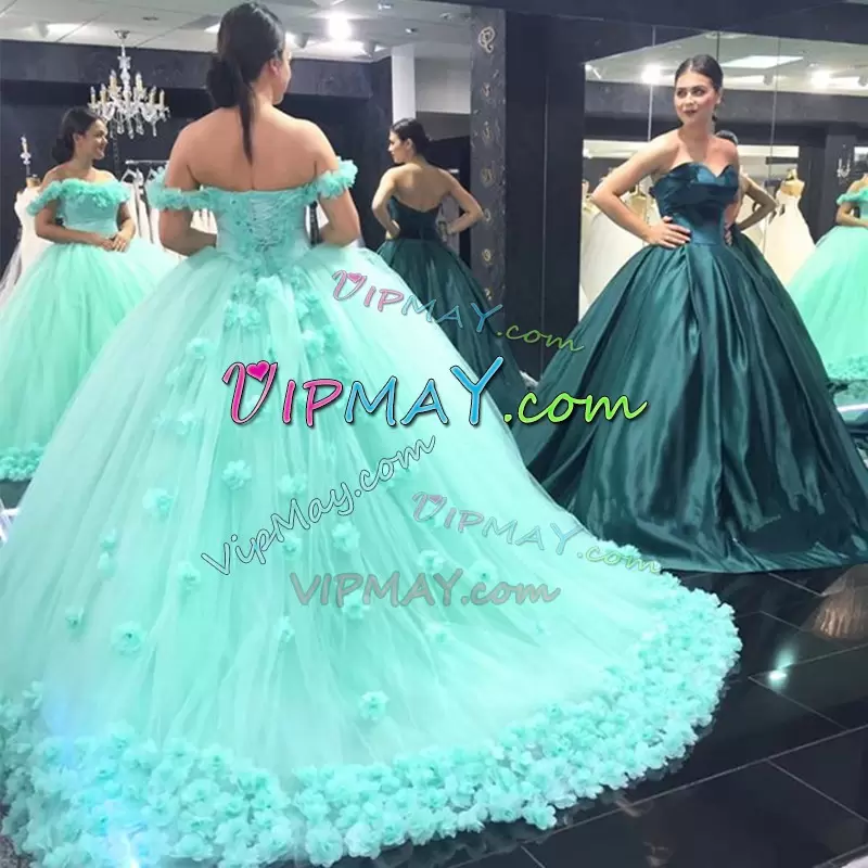 Chic Aqua Blue Sleeveless With Train Hand Made Flower Lace Up Quince Ball Gowns Off The Shoulder