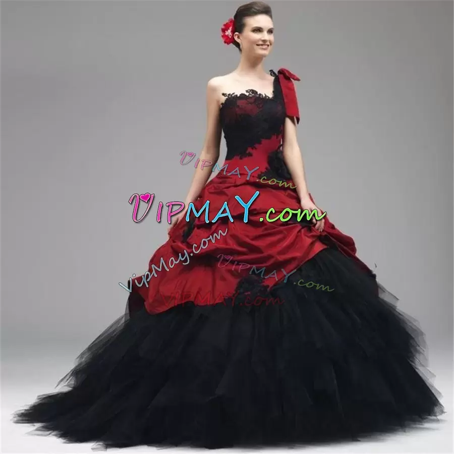 One Shoulder Sleeveless Sweet 16 Dress Floor Length Appliques Red And Black Tulle