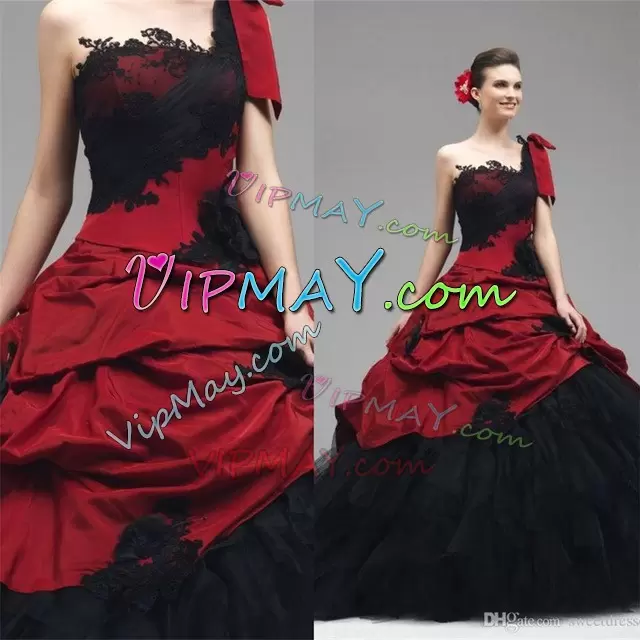 One Shoulder Sleeveless Sweet 16 Dress Floor Length Appliques Red And Black Tulle