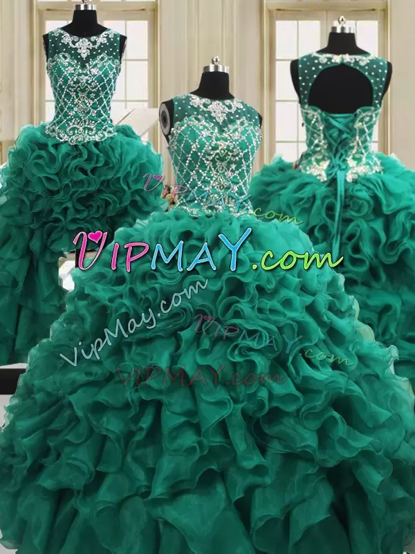 Glittering Floor Length Dark Green Ball Gown Prom Dress Organza Sleeveless Beading and Ruffles