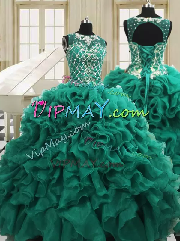 Glittering Floor Length Dark Green Ball Gown Prom Dress Organza Sleeveless Beading and Ruffles