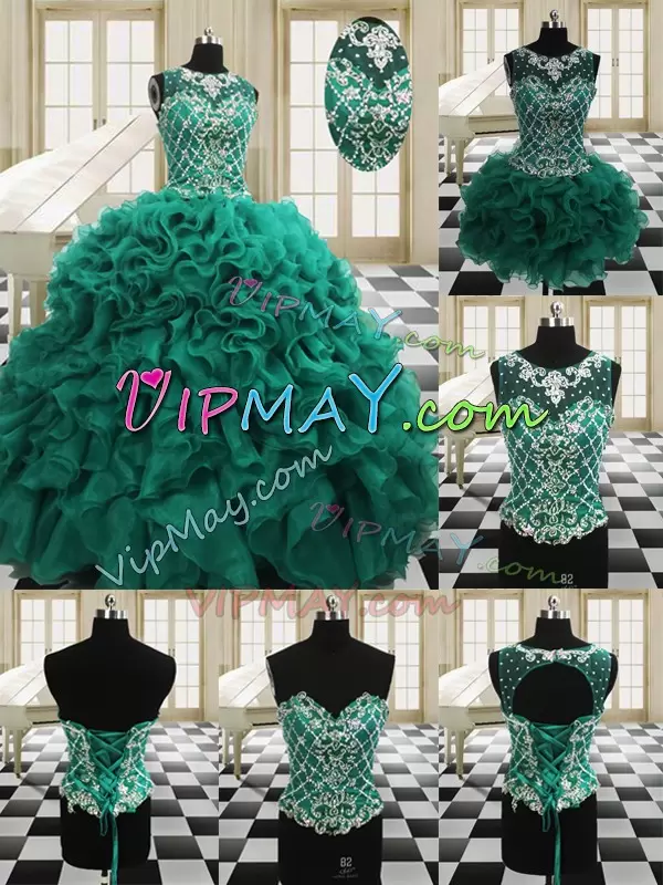 Glittering Floor Length Dark Green Ball Gown Prom Dress Organza Sleeveless Beading and Ruffles