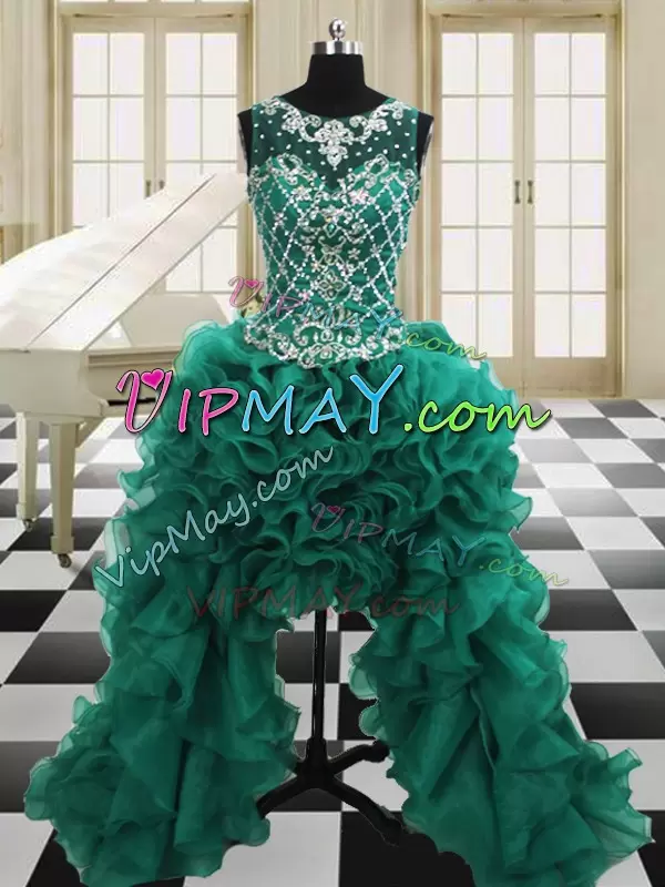 Glittering Floor Length Dark Green Ball Gown Prom Dress Organza Sleeveless Beading and Ruffles