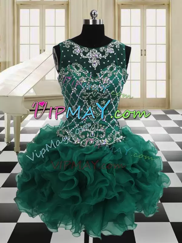 Glittering Floor Length Dark Green Ball Gown Prom Dress Organza Sleeveless Beading and Ruffles