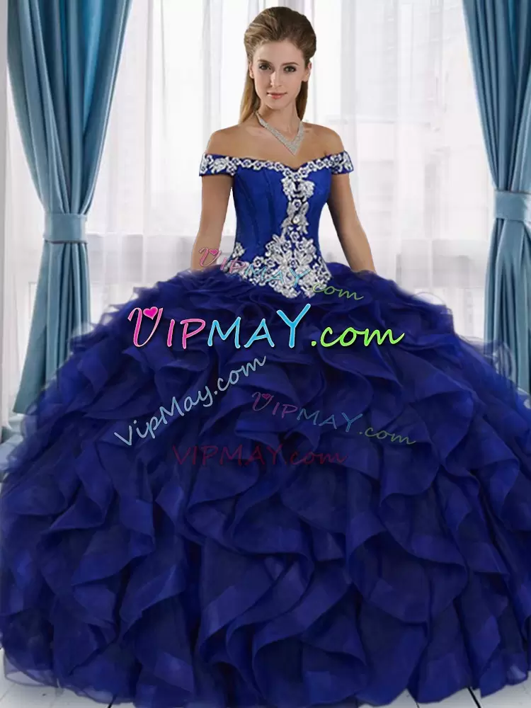 Traditional Royal Blue Quince Ball Gowns Off The Shoulder Organza Sleeveless Floor Length Lace Up
