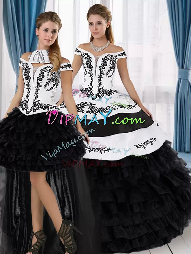 White And Black Ball Gowns Organza Off The Shoulder Sleeveless Embroidery and Ruffled Layers Floor Length Lace Up Ball Gown Prom Dress