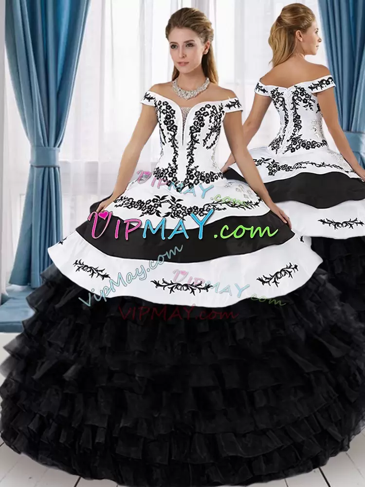 White And Black Ball Gowns Organza Off The Shoulder Sleeveless Embroidery and Ruffled Layers Floor Length Lace Up Ball Gown Prom Dress