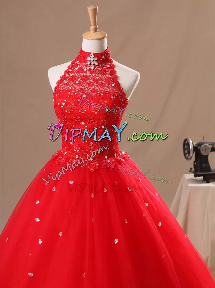 No Puffy Skirt Halter Lace Neckline Sweet 16 Dress with Crystals