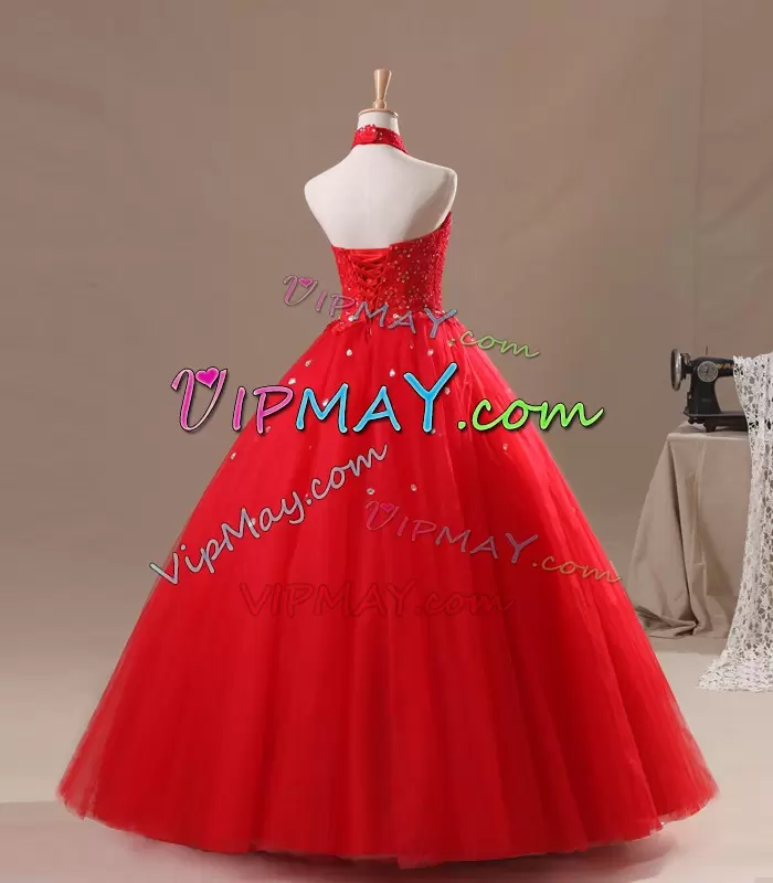 No Puffy Skirt Halter Lace Neckline Sweet 16 Dress with Crystals