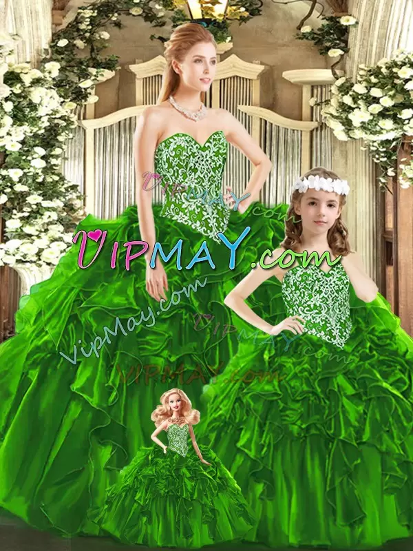 Fashionable Sleeveless Floor Length Beading and Ruffles Lace Up Quinceanera Dresses with Green