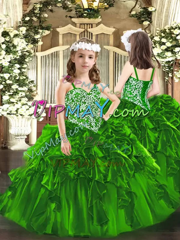 Fashionable Sleeveless Floor Length Beading and Ruffles Lace Up Quinceanera Dresses with Green