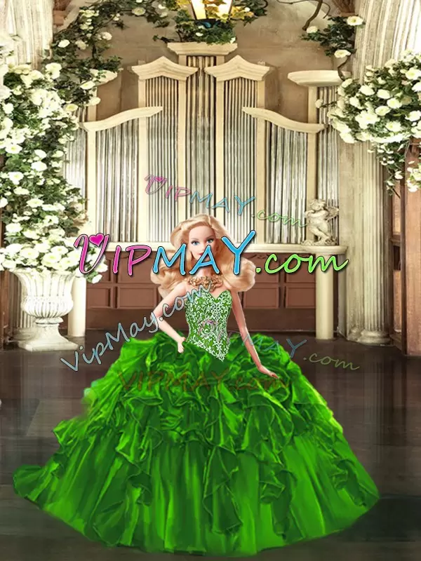 Fashionable Sleeveless Floor Length Beading and Ruffles Lace Up Quinceanera Dresses with Green