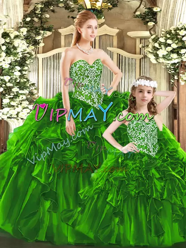 Fashionable Sleeveless Floor Length Beading and Ruffles Lace Up Quinceanera Dresses with Green