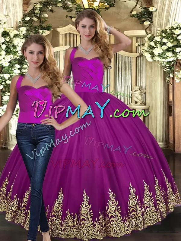 Glamorous Sleeveless Halter Top Embroidery Lace Up 15 Quinceanera Dress