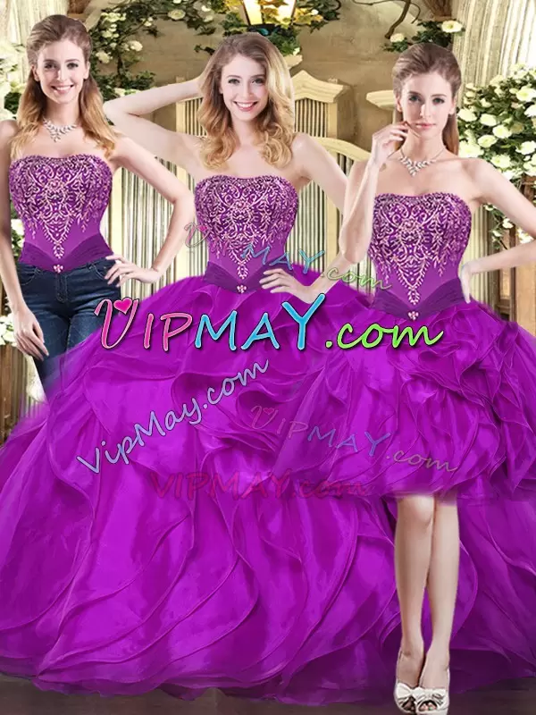 On Sale Fuchsia Tulle Lace Up Strapless Sleeveless Floor Length Quince Ball Gowns Beading and Ruffles